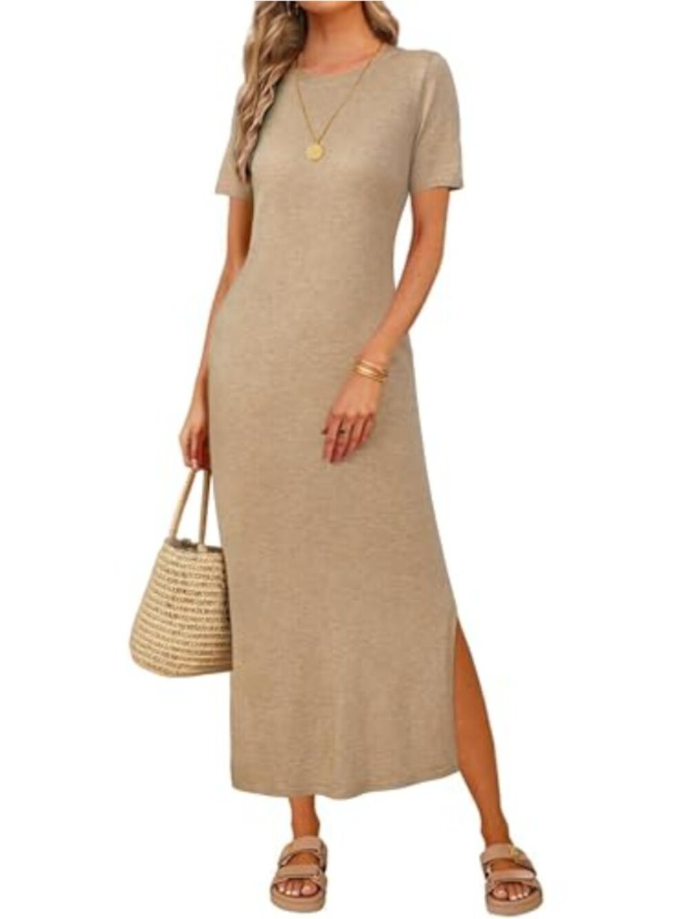 Wool Blend Maxi Dress Short Sleeve Side Slit Casual